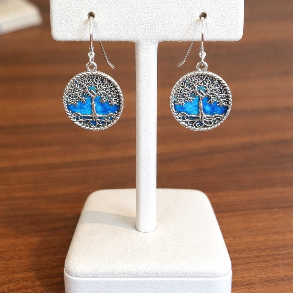 925 Sterling and Lab Created Opal tree of life earrings